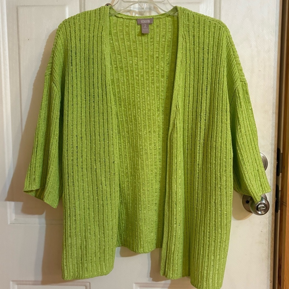Chico's Green Cardigan with Ribbed Texture and Three-Quarter Sleeves